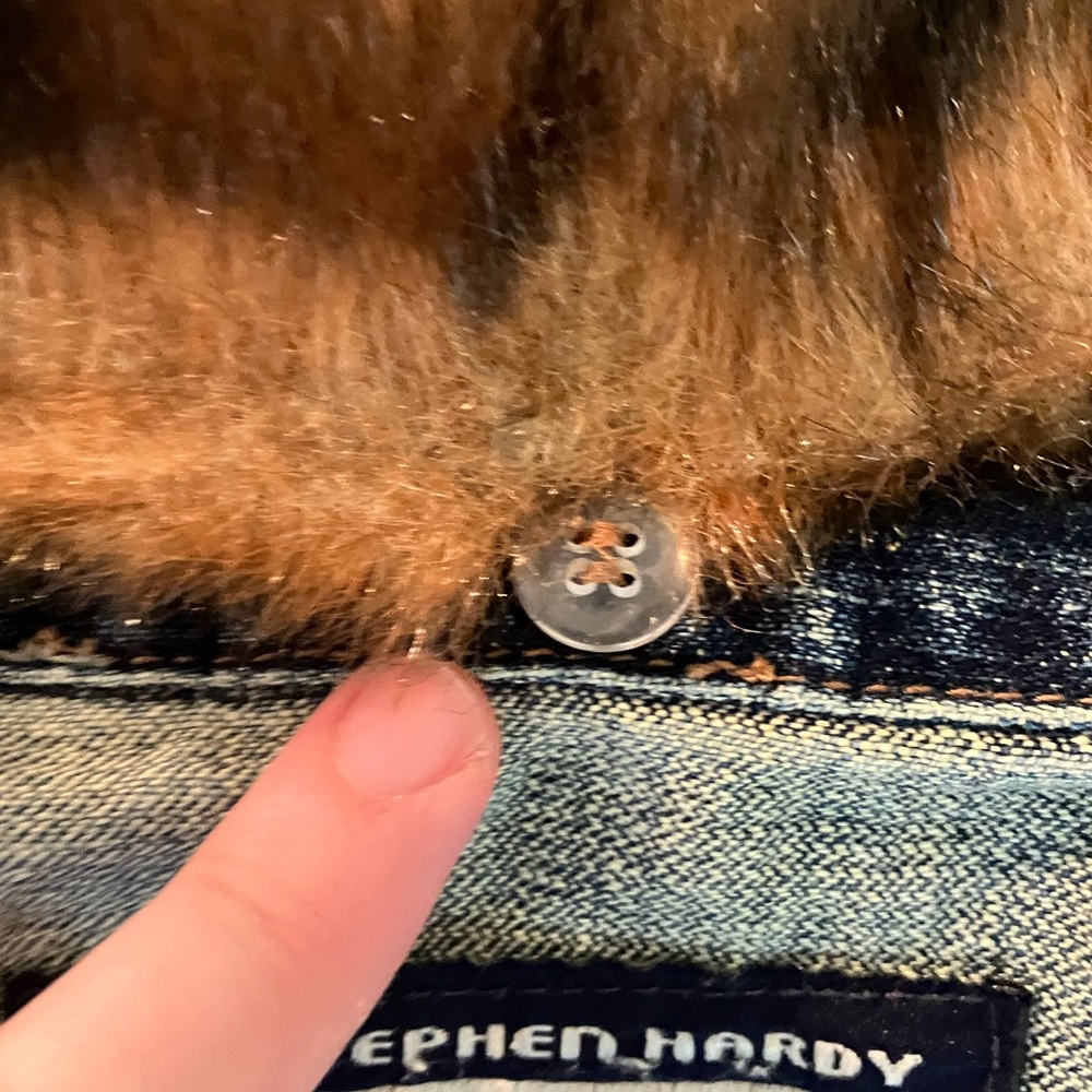 VINTAGE Y2K Stephen Hardy Squeeze Brown Faux Fur Collar Denim Jean Jacket Large - Picture 3 of 9